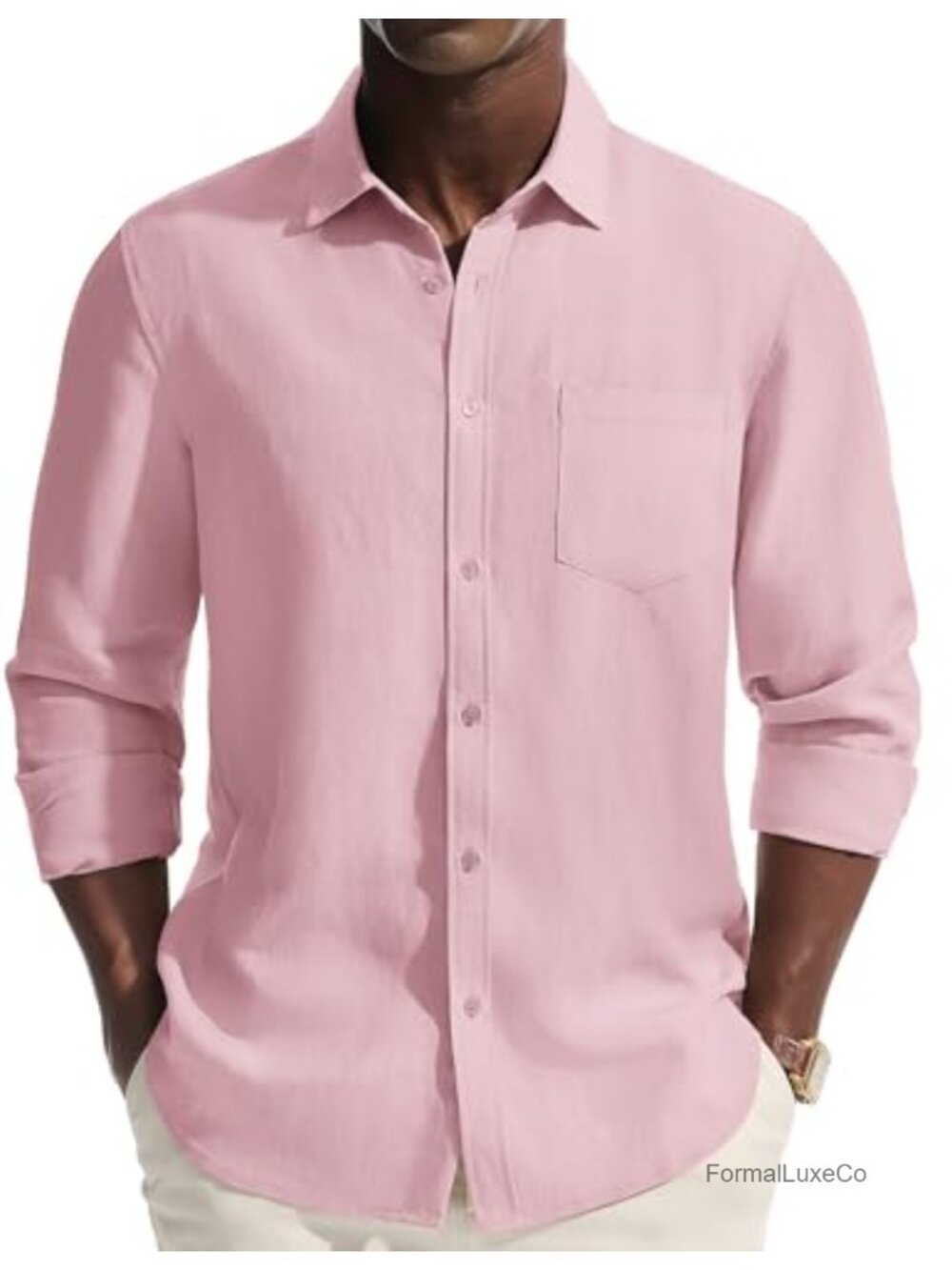 Mens Linen Blend Long Sleeve Button Down Shirt Classic Fit Casual